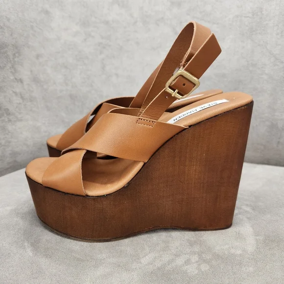 Steve Madden Platform Sandals 10 Brown Cognac Leather Galaxy Wedges New $100
